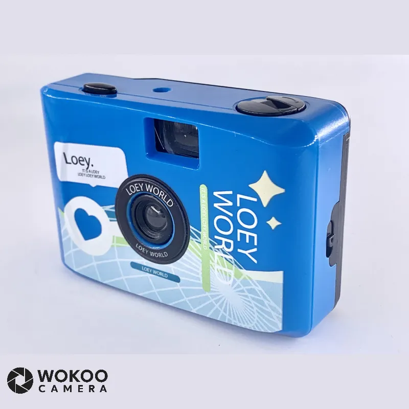 OEM no flash 35mm film camera with custom color, graphic illustration, and private label branding on front panel.