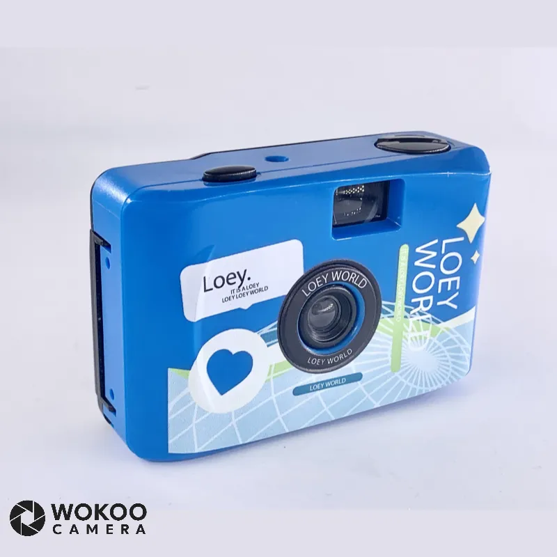 Custom design reusable film camera no flash showing branded graphic pattern and logo printing for OEM project.