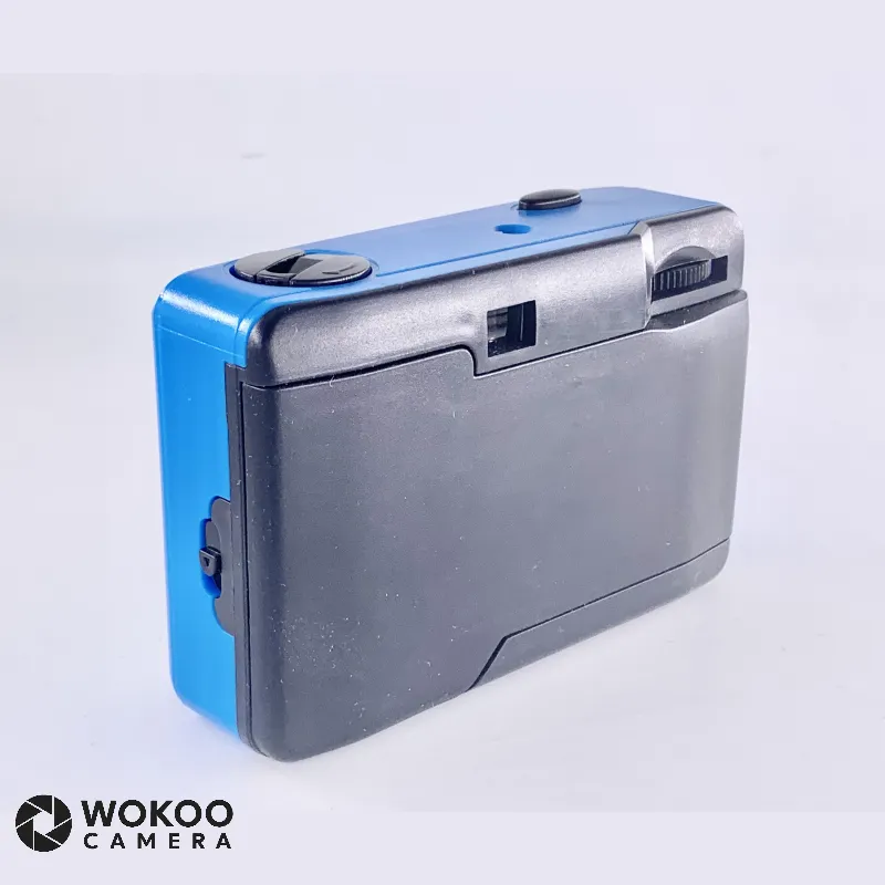 Reusable 35mm analog film camera without flash in custom blue housing with customer-designed artwork.