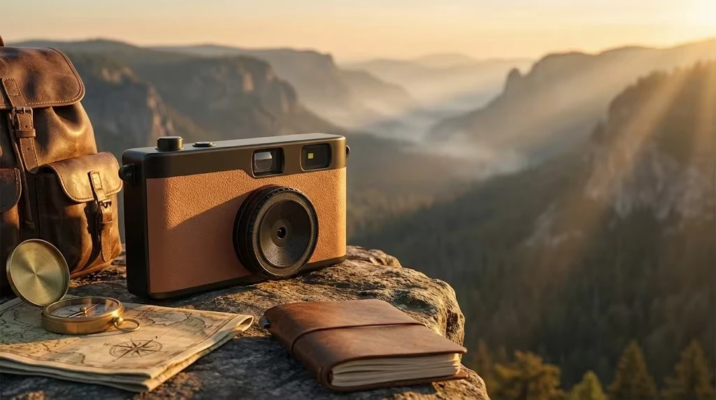 Lightweight Retro Film-Style Camera resting on a rock for travel and outdoor photography
