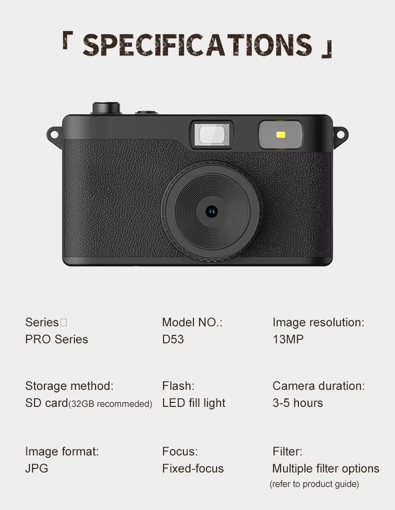 Complete retail packaging and accessory kit for Retro Screenless Digital Camera