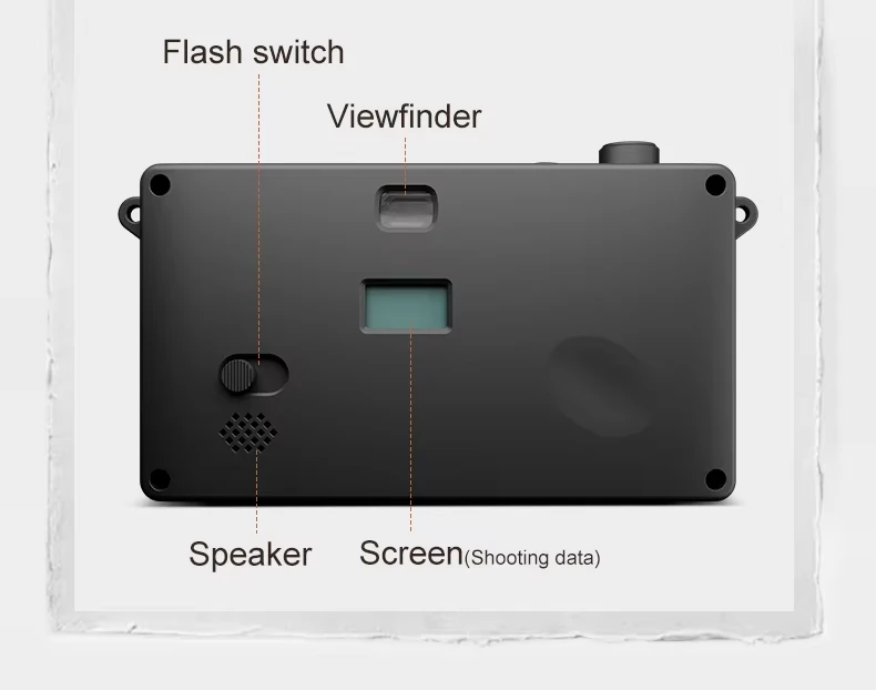 Back panel of Retro Digital Camera featuring optical viewfinder and shooting data LCD