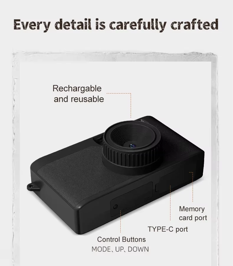 ottom interface of Vintage Mini Camera showing Type-C charging port and SD card slot